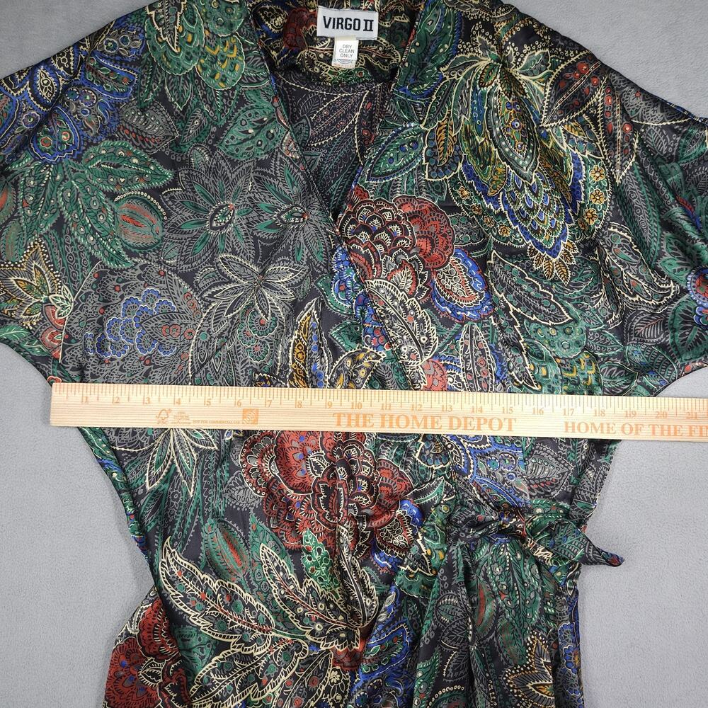 Vintage VIRGO II Wrap Dress Womens 14 Floral Print Metallic Sheen Midi Artsy USA - Picture 14 of 16